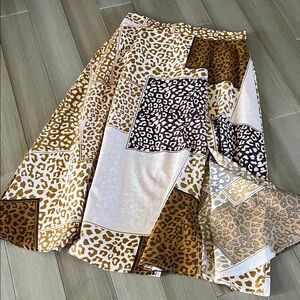 SHEIN Leopard Patchwork Midi Skirt - Brown and Cream